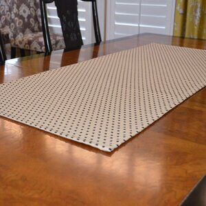 Table Runner, Beige Upholstery Fabric Loomed with Accents of Black Faux Leather